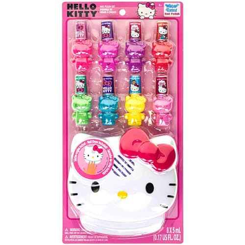 Townley Girl Hello Kitty 8 Pack Non-Toxic Peel-Off Shimmer and Opaque, Water-Based Safe Nail Polish Set with Nail Dryer for Kids, AA Batteries Not Included, Ages 3 and Up