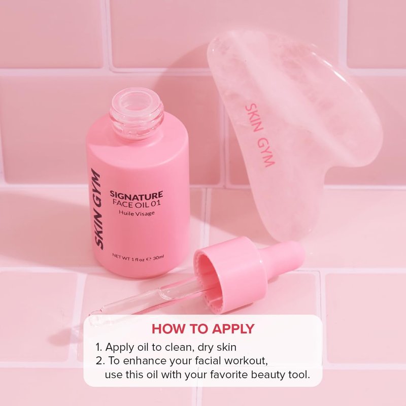 Skin Gym Rose Quartz Gua Sha & Signature Oil Kit | Holiday Radiance Boosting Duo | Facial Contouring & Skin Rejuvenation | All-in-One Exfoliating, Smoothing & Moisturizing Face Oil | AM/PM Compatible