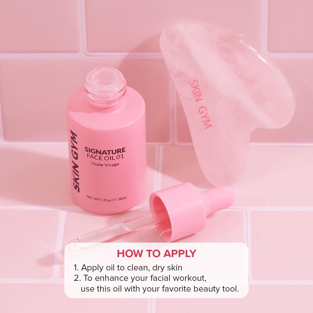 Skin Gym Rose Quartz Gua Sha & Signature Oil Kit | Holiday Radiance Boosting Duo | Facial Contouring & Skin Rejuvenation | All-in-One Exfoliating, Smoothing & Moisturizing Face Oil | AM/PM Compatible