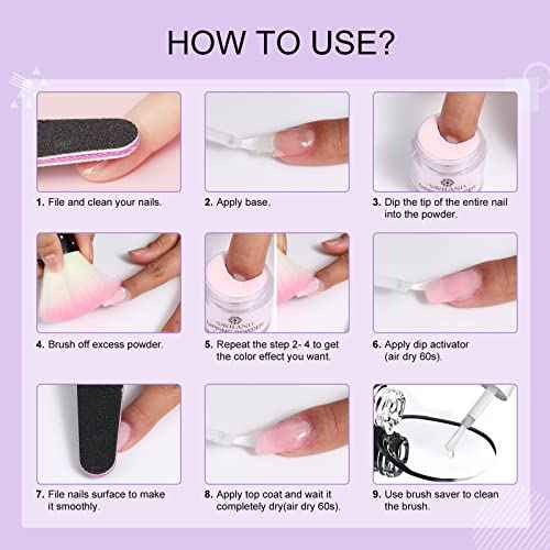 SAVILAND Dip Powder Liquid Set: 20 ml Ultimate Nail Dip System Essentials Liquid Large Capacity Dipping Base Activator Top Coat Brush Saver No Curing Needed for DIY Home Manicure