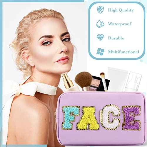 Sanwuta 4 Pcs Hair Face Skin Travel Bag Set Preppy Makeup Pouch PU Leather Skincare Bag Waterproof Cosmetic Organizer Birthday Christmas Gifts(Blue, Pink, Green, Purple,Fresh Style)
