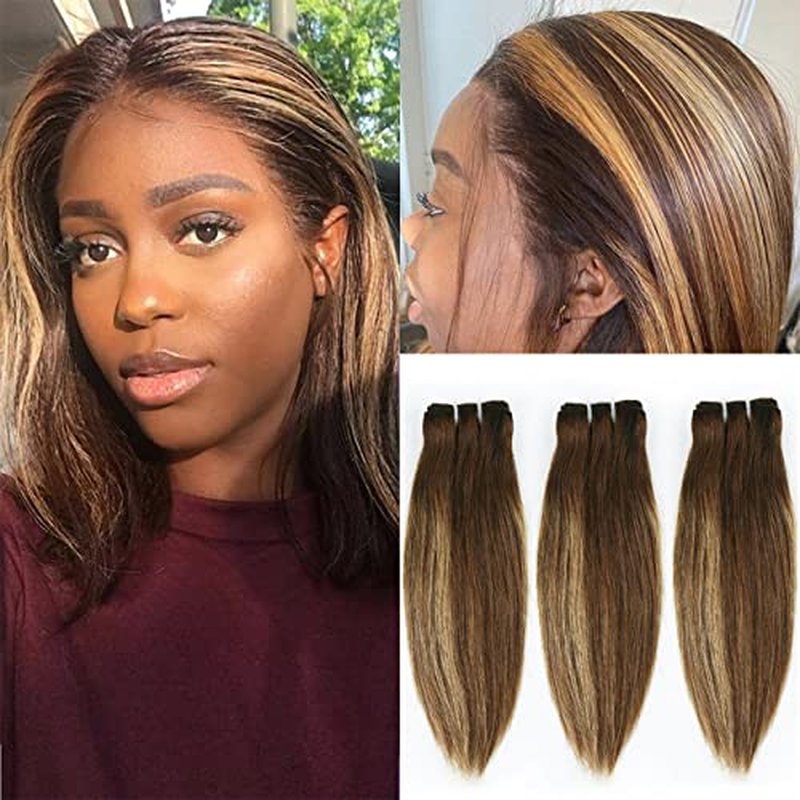 FQ 4/27 Highlight Bundles and Closure Straight P4/27 Human Hair Bundle with Closure(10 10 10+10) Brazilian Ombre Honey Blond Colored Short Bob 50g 3 Bundles with 4x4 Lace Closure