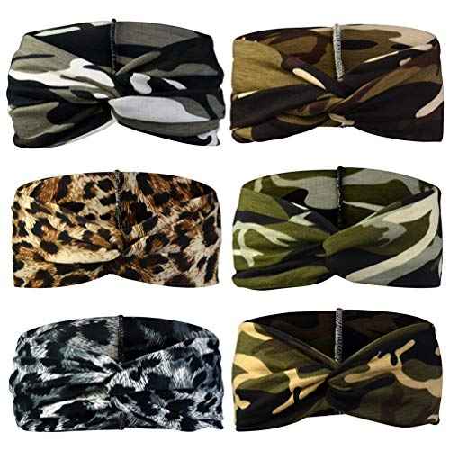 6pcs Camo Leopard Headbands Elastic Bow Hairband Turban Twisted Head Wrap Knot Hair Accessories for Women Girls Running Sport Travel