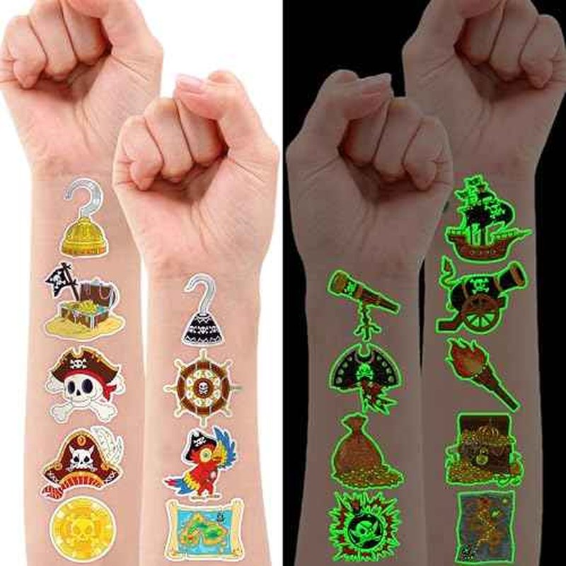 96 PCS Pirate Ship Nautical Pre-Cut Luminous Glow in the dark Temporary Tattoos for Kids | Super Cute Theme Birthday Party Favors Supplies Decorations, Treasure Fake Tattoos Gifts for Boys Girls