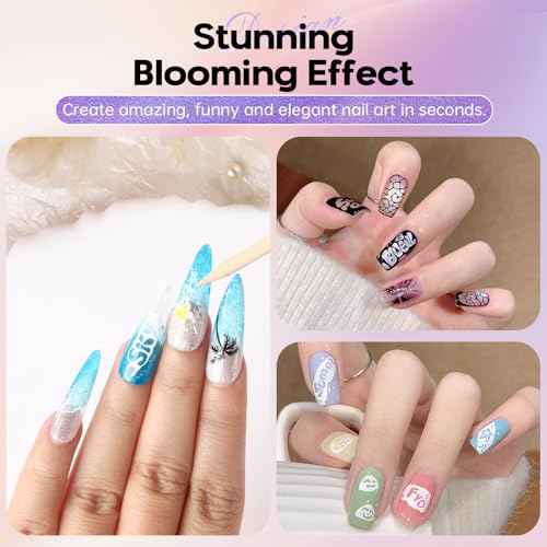 Poke Gel Nail Polish Set with Professional Base Coat- Nail Art Painting Gel for Flowers, Letters & Wave Designs-Lace Drawing Gel with Wooden Nail Stick and Buffer
