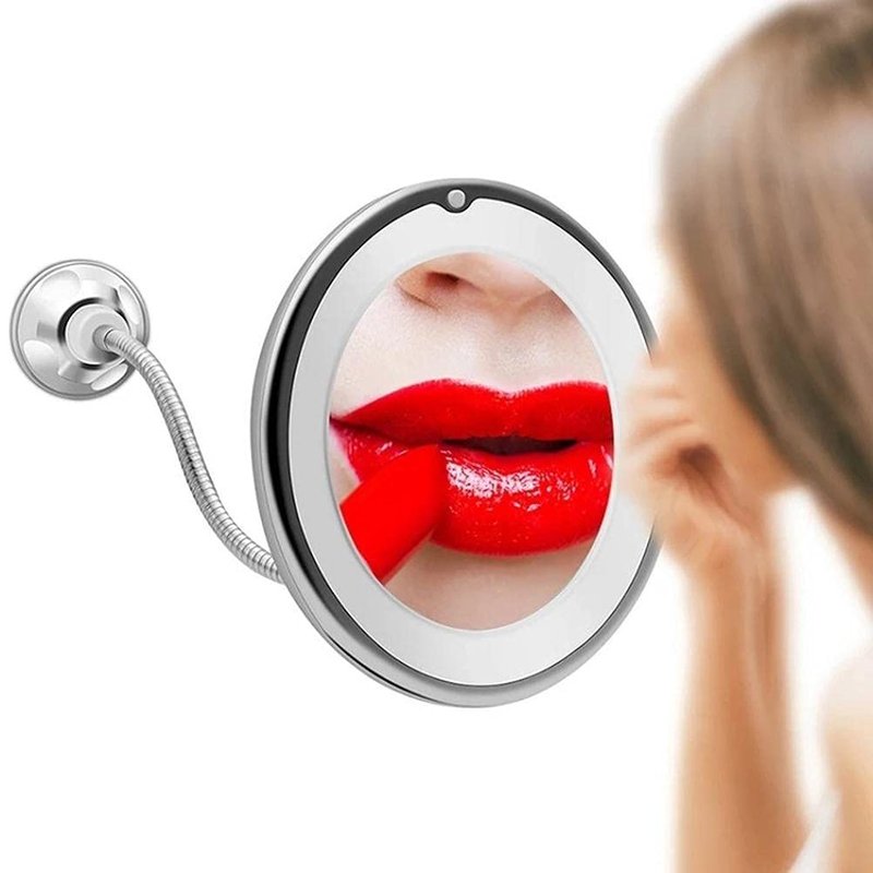 SASKATE Makeup Mirror with LED Light and Suction Cup 360 Degree Swivel Flexible Gooseneck 10X Magnifying Mirror Travel and Home Bathroom Vanity Mirror (White)