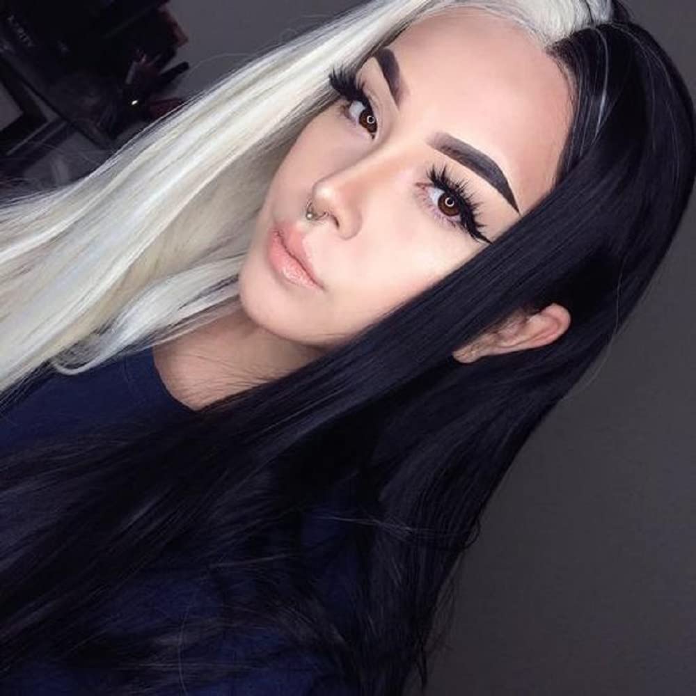 Sylvia 24inches Half Balck and Half White 2 Tones Side Parting Naural Glueless Hairstyle Heat Resistant Synthetic Lace Front wigs for Women