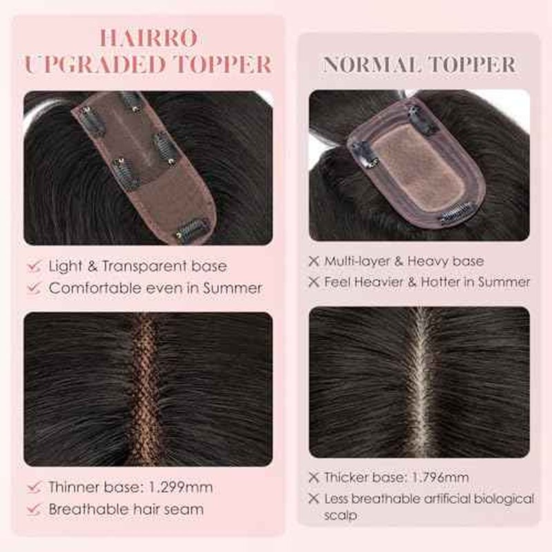 Hairro Human Hair Topper with Wispy Bangs, Clips on 360¡Æ 3D Cover Real Hairpieces Lightweight, 2.25"x6" Base for Women with High Hairline/Thinning Hair, 14 Inch Natural Black Bangs