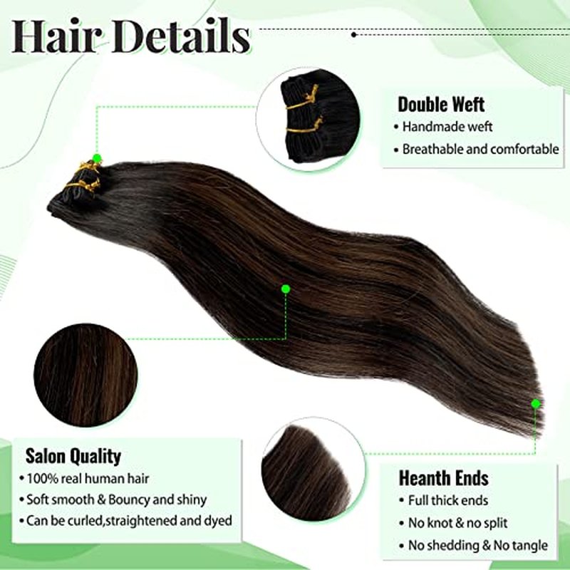 Clip in Hair Extensions Real Human Hair, Natural Black Highlights Medium Brown 18 Inches 5pcs Long Straight Clip ins Human Hair Extensions Handmade Double Weft Remy 70grams