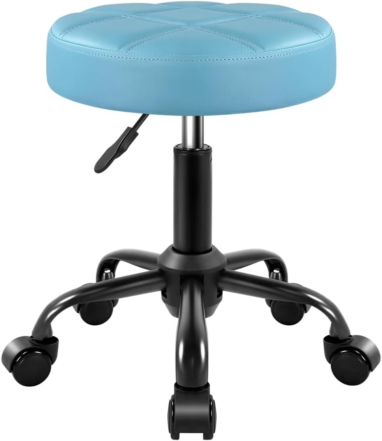Height Adjustable Rolling Stool Chair - PU Leather, Sky Blue | Perfect for Salon & Spa