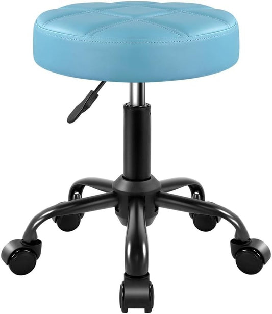 Height Adjustable Rolling Stool Chair - PU Leather, Sky Blue | Perfect for Salon & Spa