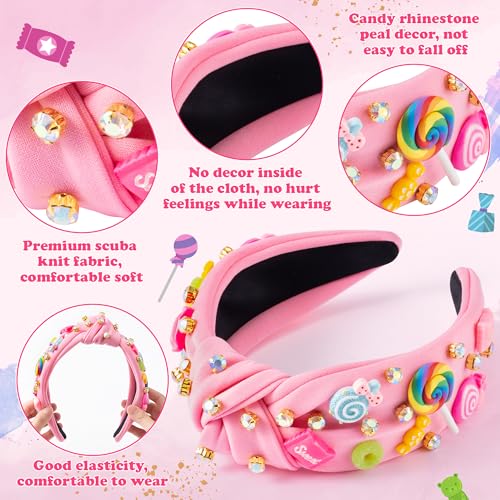PANTIDE Candy Jeweled Knotted Headband - Halloween Rainbow Lollipop Rhinestone Embellished Preppy Headband Non Slip Wide Top Knot Hairband Hair Accessories Birthday Gift for Women Girls (Pink)