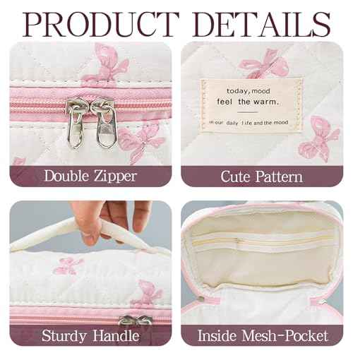 Makeup Bag, 3 PCS Quilted Makeup Bag, Cute Floral Cotton Cosmetic Bag set, Coquette Makeup Pouch Large Travel Toiletry Bag