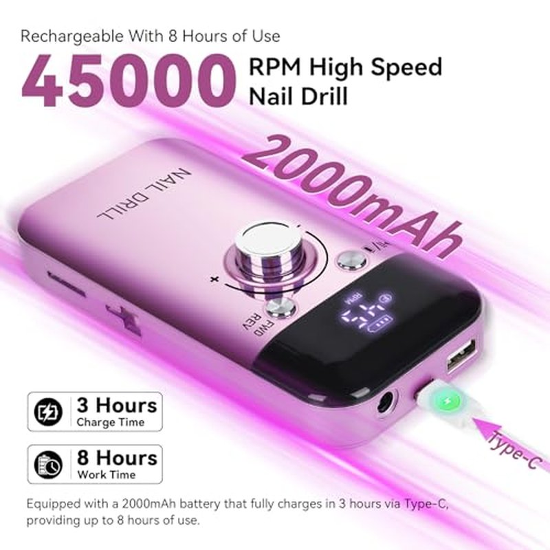Vrenmol Electric Nail Drill Professional 45000RPM: Rechargeable Nail Drill Kit Portable Electric Nail File with Complete Bits for Acrylic Nails Gel Polishing Removing 2000mAh Nail Drill Machine Salons