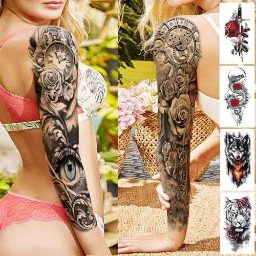 20 Sheets Sexy Rose Flower Full Arm Sleeve Temporary Tattoos For Women Adults Thigh, Half Arm Sleeve Tattoos For Men Angel Anchor Peace Dove Eagle Owl Compass Eye, Black Halloween Fake Tattoo Stickers