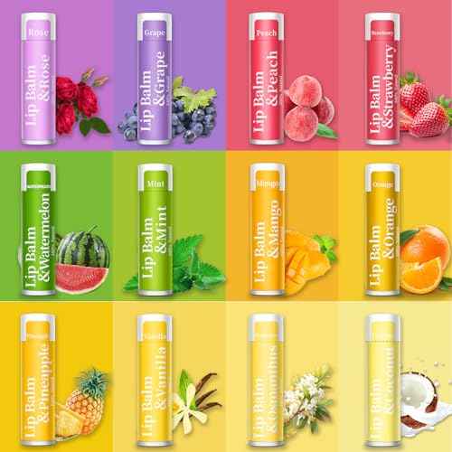 84 Pack of Lip Balm, 12 Flavored Lip Balms Natural Organic Vitamin E Lip Balms Pack for Dry Cracked Lips, Moisturising Lip Balm Bulk Gifts Stocking Stuffers Party Favors(4.2g/0.15oz)