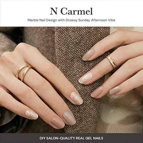 ohora Semi Cured Gel Nail Strips (N Carmel) - Nude, Glitter, Works with Any UV/LED Lamps, Salon-Quality, Long Lasting, Easy to Apply & Remove - Includes 2 Prep Pads, Nail File & Wooden Stick