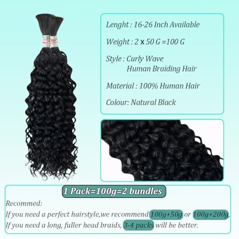 Curly Wave Bulk Human Hair For Braiding No Weft Unprocessed Brazilian Virgin Human Hair Extensions Wet And Wavy Micro Braiding Hair Human Hair Bundles For Boho Braids Natural Color(22inch 2pack/100g)