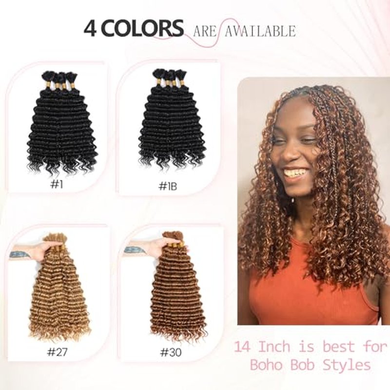 Urbeauty Human Braiding Hair for Bob Braids, Deep Wave Bohemian Hair for Braiding, 14 in Bulk Knotless Boho Locs, Boho Twist, Gypsy, Goddess, Curly, Micro, No Weft #30