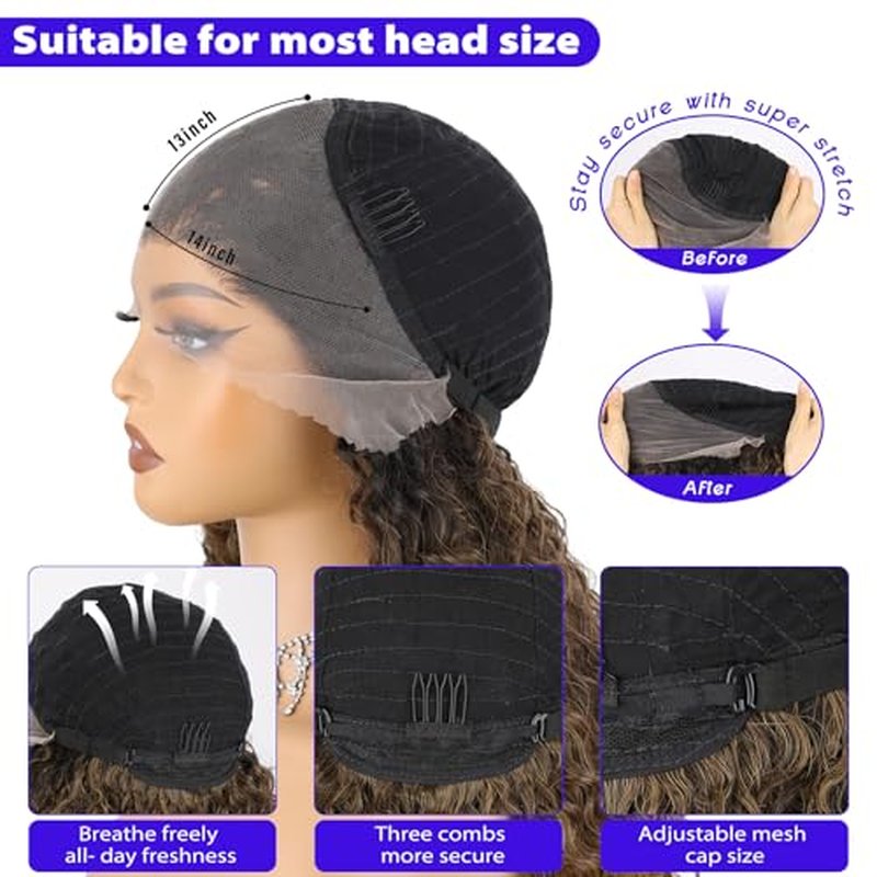 Ombre Blonde 13X4 Lace Front Wig Synthetic Wig with Baby Hair Ombre Brown to Blonde Curly Wig with Natural Preplucked Hairline 24 Inch Long Wigs for Women Daily Party Use