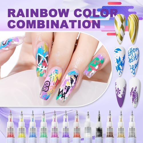 12 Color Nail Art Pens, 0.5 MM 3D Nail Polish Pens Set Drawing Painting Point Liner Acrylic Painted Pen Kit, Waterproof and Quick-drying Nail for DIY Nails Art Design Manicure Tools