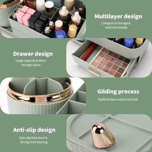 Makeup Organizer for Vanity, Cosmetic Display Case with Drawers, Fits Makeup, Skincare Products, Brushes, Lipsticks, and Other Accessories, Versatile Storage Solution (Green)