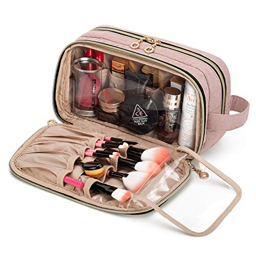 Teamoy Portable Makeup Brush Bag (up to 9"), Makeup Brush Holder with Handle, Travel Makeup Organizer Cosmetic Bag, Travel Toiletry Bag Artist Storage Bag, Misty Rose