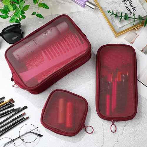 Weewooday 4 Pcs Mesh Makeup Bag Mesh Cosmetic Bag Travel Toiletry Pouch with Zipper Mini Makeup Cosmetic Purse for Daily Accessory(Small, Large, Medium,Wine Red)