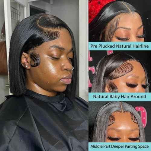 10 Inch Bob Wig Human Hair 13x4 HD Lace Front Wigs Pre Plucked Short Bob Wig Lace Frontal Wigs for Black Women, Short Straight Glueless Human Hair Wig with Elastic Band, 180% Density, Natural Black