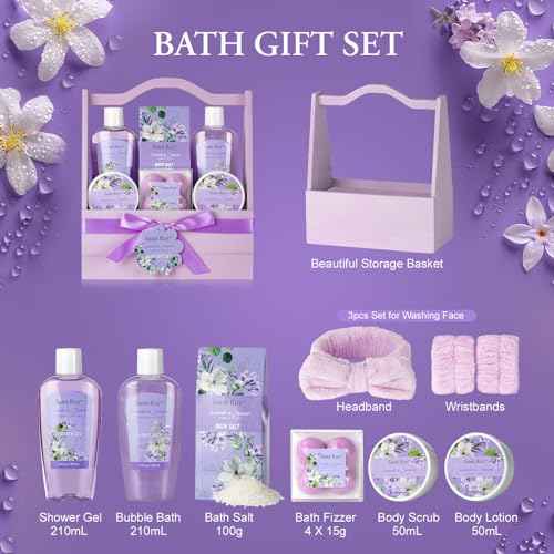 Bath and Body Gift Basket Set for Women - Jasmine Christmas Gifts for Women, Spa Gift Basket 13-Piece Bath Gift Set, Gift Set for Ladies Body & Bath Gifts Set Lavender Gift Baskets For Mom