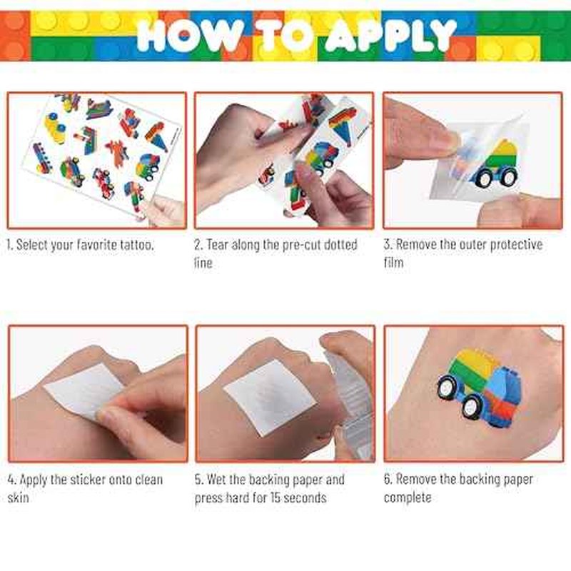 96 PCS Building Blocks Block Pre-Cut Temporary Tattoos for Kids | Super Cute Themed Birthday Party Favors, Supplies, Decorations, Fake Tattoo Stickers (Multiple)