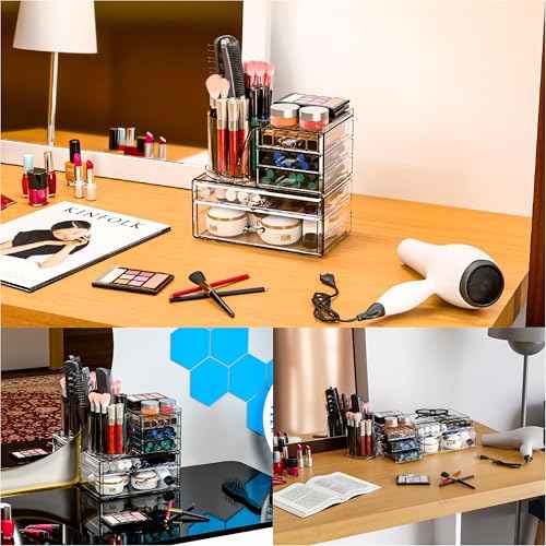 Clear Acrylic Makeup Organizers for Vanity,Countertop,3 Pack Make up Drawer Organizer With Makeup Brush Holder,Plastic Skincare Organizers for Hair Accessories,Beauty,Hair Products,Bathroom,Dresser