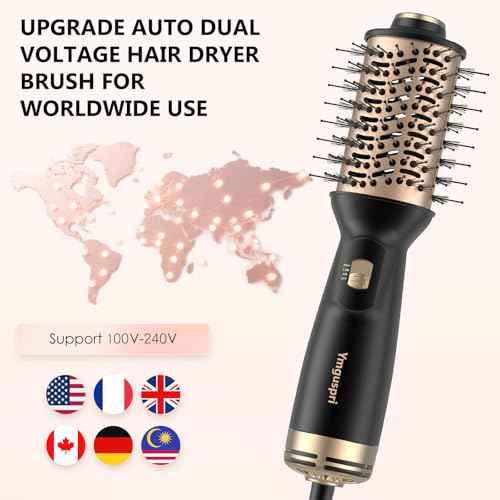 Travel Dual Voltage Hair Dryer Brush, Mini Auto Blow Dryer Brush in one, 2 Inch One Step Hot Air Hair Dryer and Styler for Home & Salon with EU&UK Plug (Gold)
