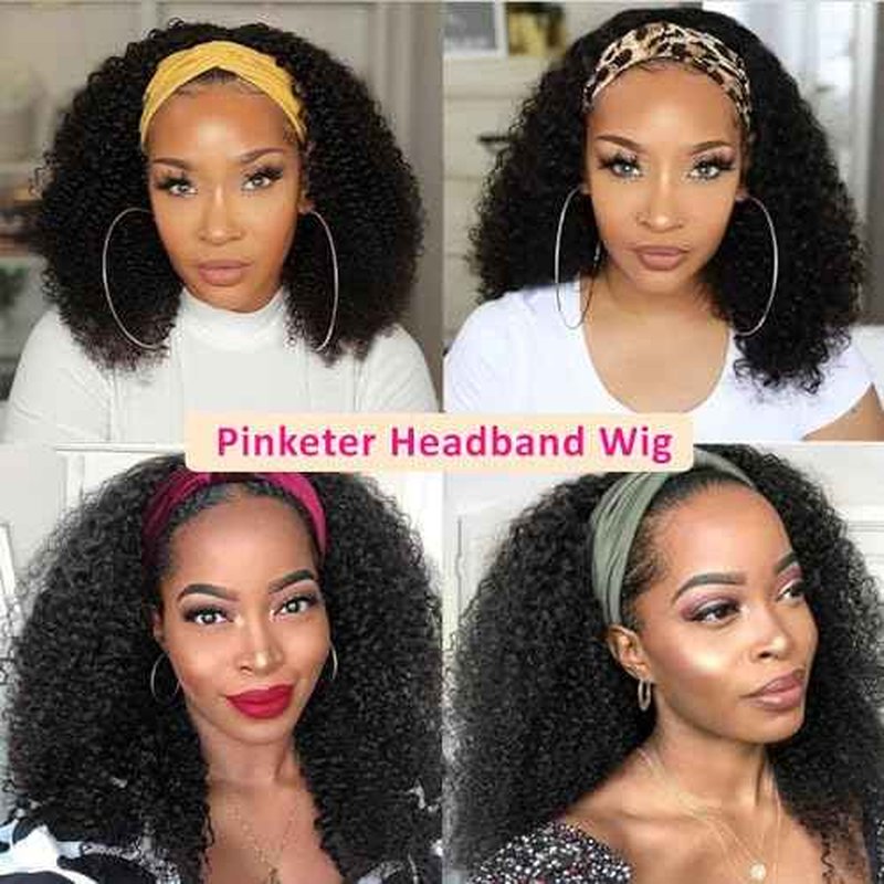 Headband Wig Human Hair Kinky Curly Headband Wigs for Black Women Non Lace Front Wig 150% Density Virgin Human Hair Wig Natural Color (Headband Wig, 28inch)