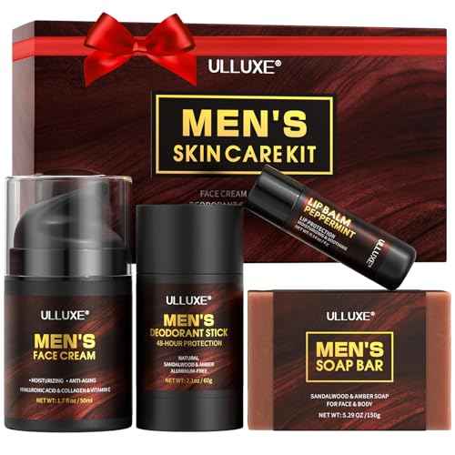Skin Care Kit for Men, Face Skincare, Lip Care & Body Care for Men, Mens Skincare Set with Face Cream, Lip Balm, Deodorant Stick & Bath Soap, Gifts for Mens Birthday, Husband Dad Gift