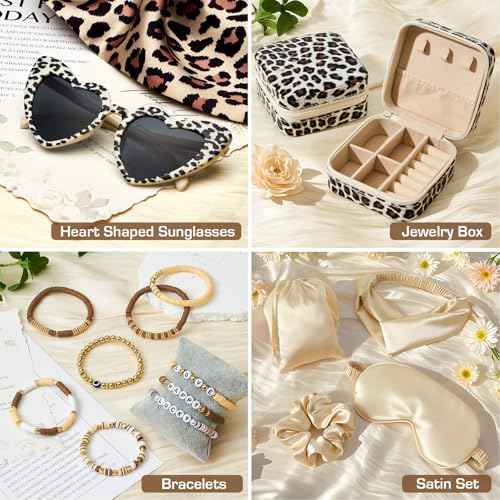 Golray Gifts for Teen Girls - 19Pcs Teenager Gifts Basket with Brown Leopard Satin Pillowcase/Handbag, Christmas Birthday Gift Set for Women Daughter Sister Niece Tween Girl Kid Toy Age 10 12-18+