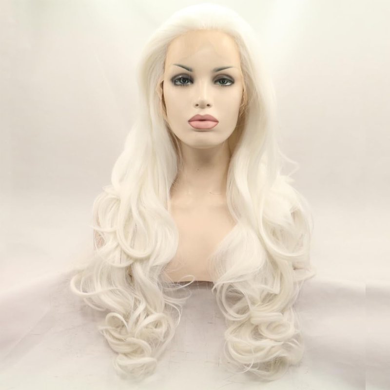 xiweiya 60# Platinum Blonde Wavy Lace Front Wig Long White Blonde Wavy Curly Synthetic Lace Front Wig White Queen Wig 13x3 Lace Wig Heat Resistant Hair 180% Density Wigs for Woman Drag Queen 24inch