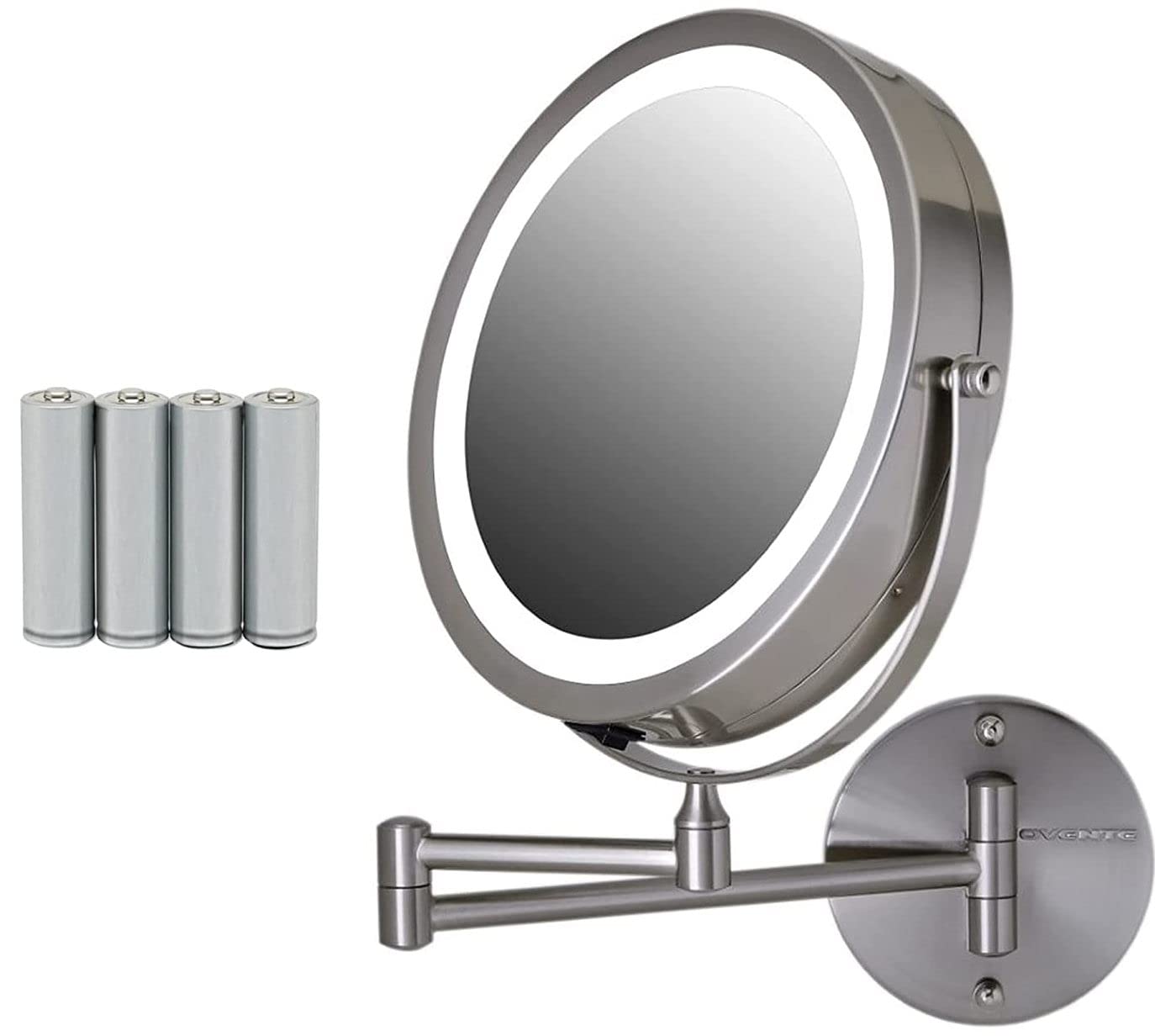 OVENTE Wall Mounted Lighted Makeup Mirror, 9" Double Sided 1X/7X Magnifying Vanity Mirror for Bathroom with LED Lights, Cordless, 360° Rotation and 13" Extendable Arm, Nickel Brushed MFW85BR1X7X