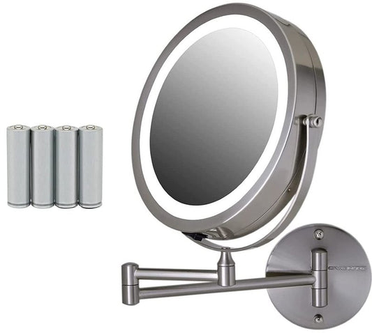 OVENTE Wall Mounted Lighted Makeup Mirror, 9" Double Sided 1X/7X Magnifying Vanity Mirror for Bathroom with LED Lights, Cordless, 360° Rotation and 13" Extendable Arm, Nickel Brushed MFW85BR1X7X