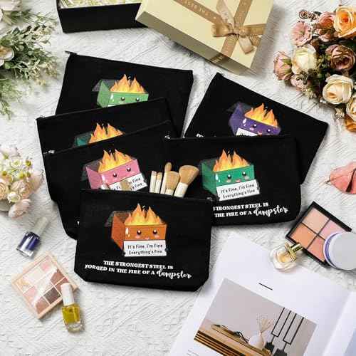 Reginary 6 Pcs Emotional Support Dumpster Fire Cosmetic Bag Gift Team Employee Appreciation Gift Bulk Funny Makeup Bag Canvas Pouch for Coworker Staff Volunteer Teacher Nurse, 6 Style(Black)