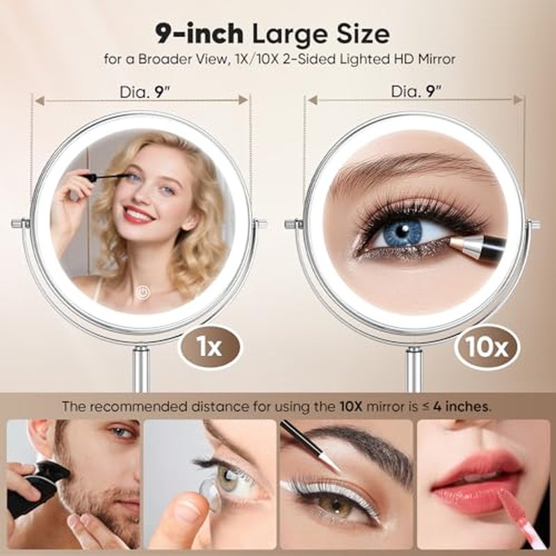 Large 9¡± Lighted Makeup Mirror ? Height Adjustable & Rechargeable, Double-Sided 1x/10x Magnifying Vanity Mirror with 88 High-CRI LEDs, 3 Color Modes, Dimmable Brightness, 360¡Æ Swivel, Dual-Power