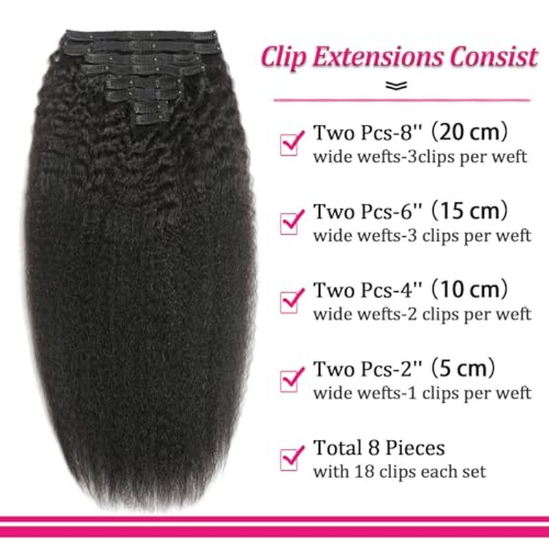Kinky Straight Clip in Human Hair Extensions for Black Women 8Pcs 120g Seamless Kinky Straight Clip Ins 18Clips Double Weft Human Hair Full Head Hair Extensions (1B 22 Inch)