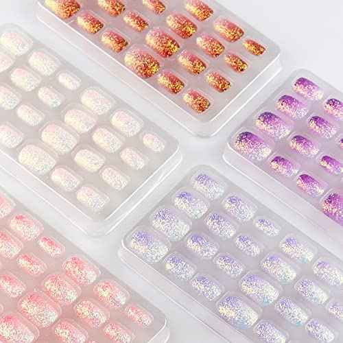 120 Pieces Fake Nails for Girls Gradient Color Kid Nails Press on Pre-glue Children Artificial False Nails Short Oval Full Cover Acrylic Stick on Nail Tips Kit for Little Girl Toys (Gradient Glitter)
