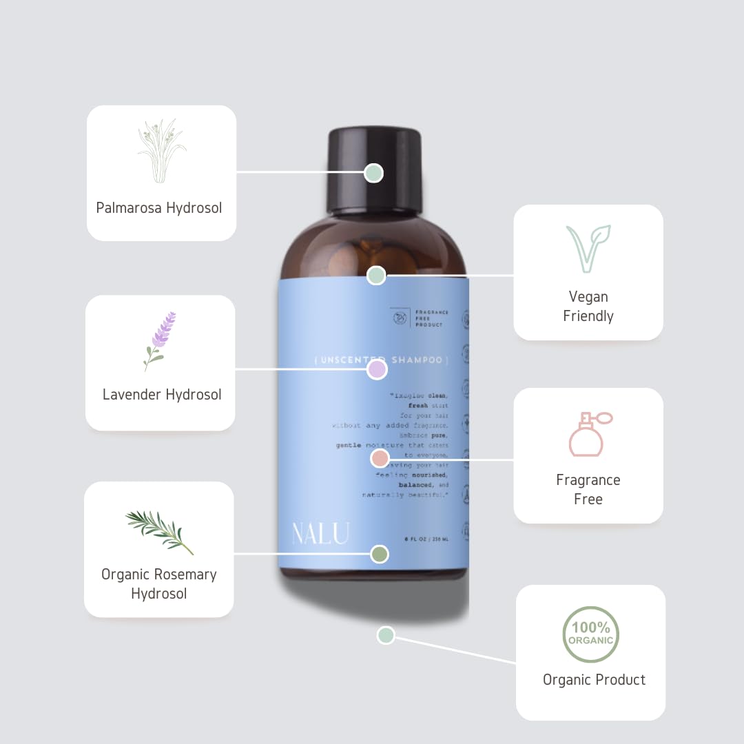 NALU Unscented Shampoo - Organic Rosemary & Lavender Hydrosol for Sensitive Scalp | Nourishing & Calming, 8 Fl Oz