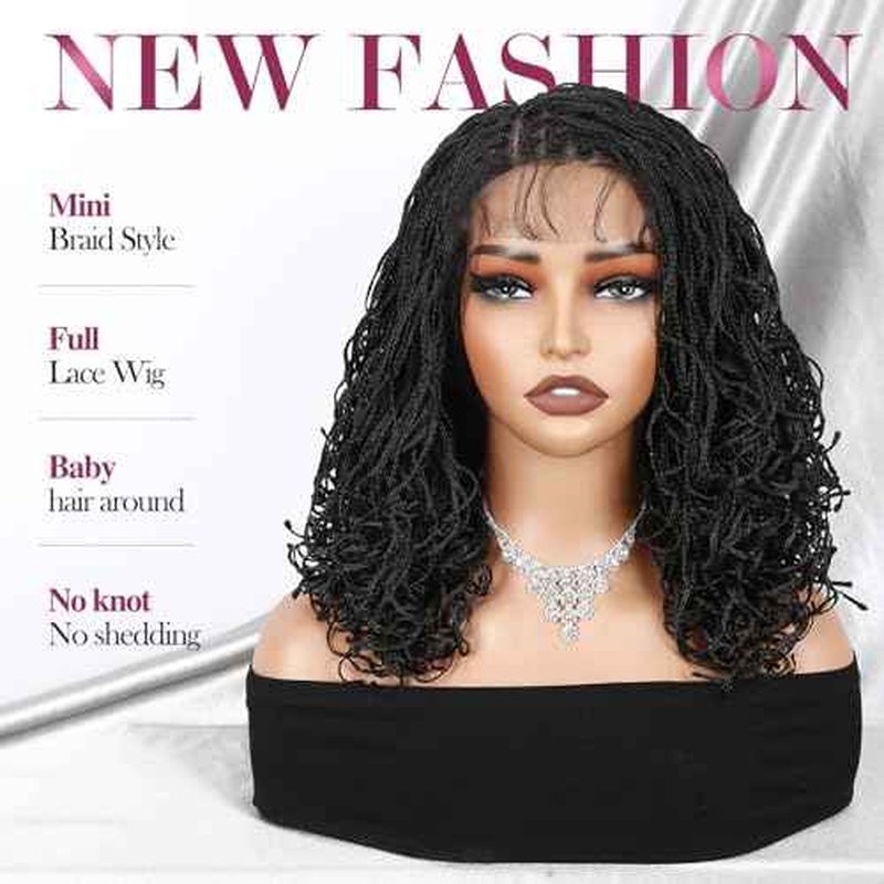Micro Twist Braided Double Full Lace Wigs for Black Women Mini Braid Wig with Baby Hair Short Curly Box Braid Lace Synthetic Black Hair 14Inch