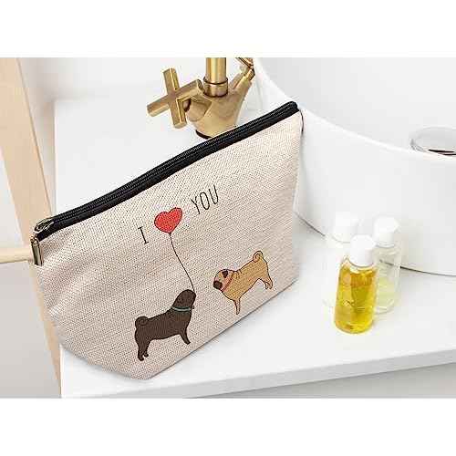 Ayxvt Cute Dog Couple Decorative Women's Makeup Bag, Zipper Pouch Travel Toiletry for Pug Lovers