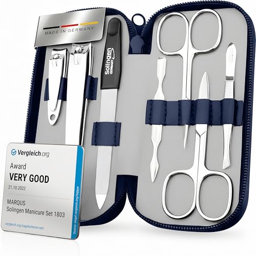 Manicure Set Solingen Made in Germany - 7 Piece Exclusive Finger & Toe Nail Clippers Kit for Women and Men in Real Leather Case, Color Blue
