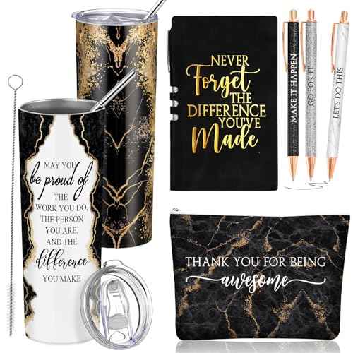 Domensi 6 Pcs Employee Appreciation Gift Set for Women Female Christmas Thank You Gift May You Be Proud 20 oz Rustic Marble Sign Tumbler Makeup Bag Journal for Teacher Nurse Lady Work Business(Black)