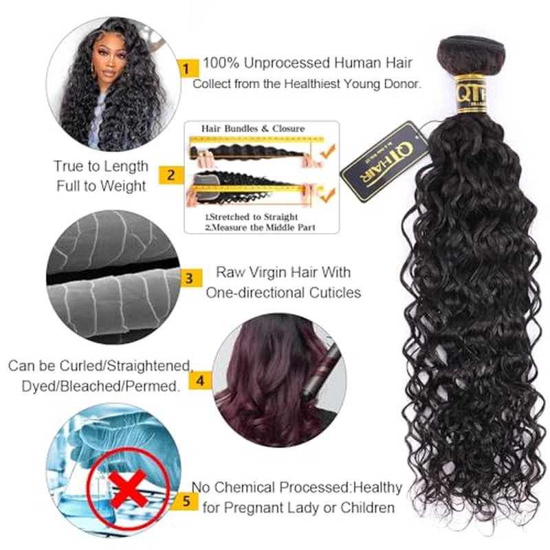 QTHAIR Water Wave Human Hair Bundles (Natural Black,20") Burmese Curly Bundles 16A 100% Unprocessed Brazilian Virgin Human Hair Weave Wet and Wavy Bundles