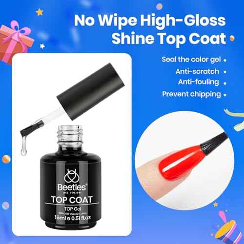 Beetles 3Pcs 15ml White Gel Nail Polish and No Wipe Gel Top Coat & Base Coat Halloween Set, Soak Off UV Lamp and Long Lasting Glossy Top Coat French Manicure Art Design Kit